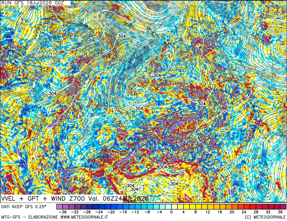 mappa 700 hPa Velocit&agrave; verticiali + GPT + Vento