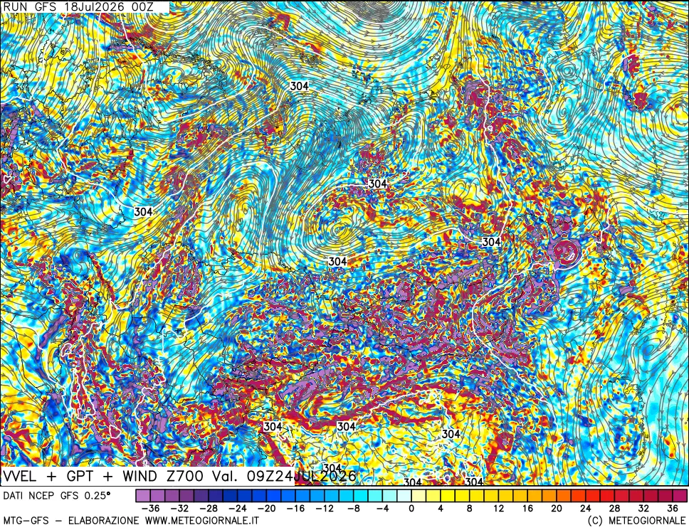 mappa 700 hPa Velocit&agrave; verticiali + GPT + Vento