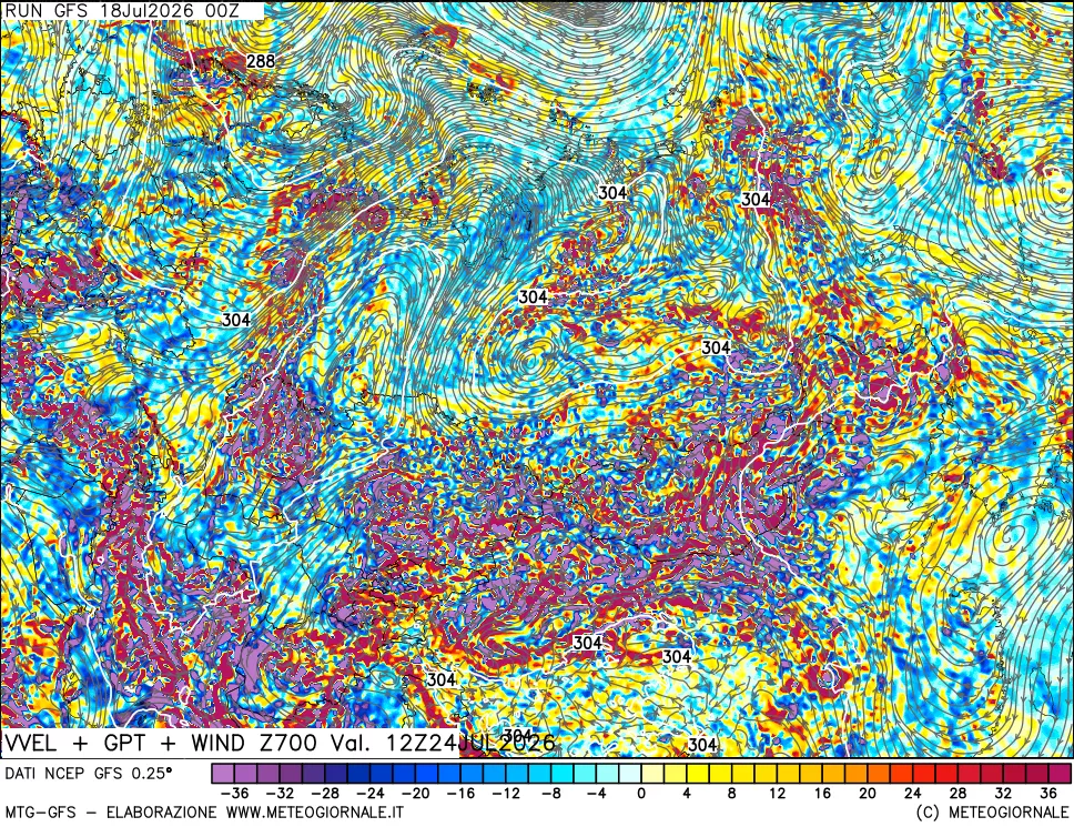 mappa 700 hPa Velocit&agrave; verticiali + GPT + Vento