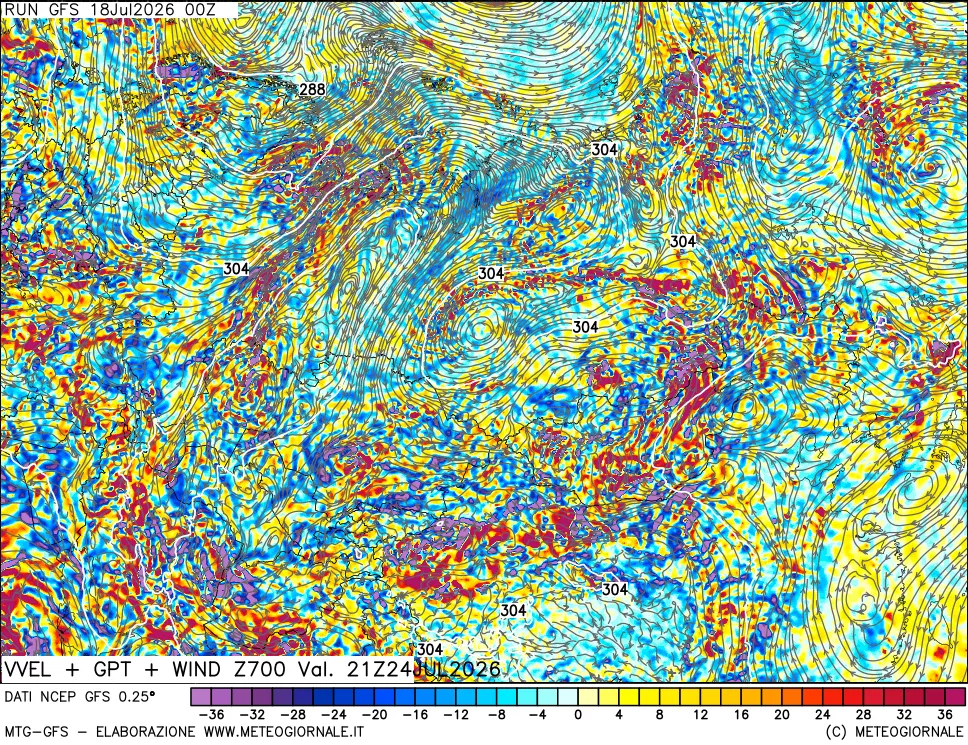 mappa 700 hPa Velocit&agrave; verticiali + GPT + Vento