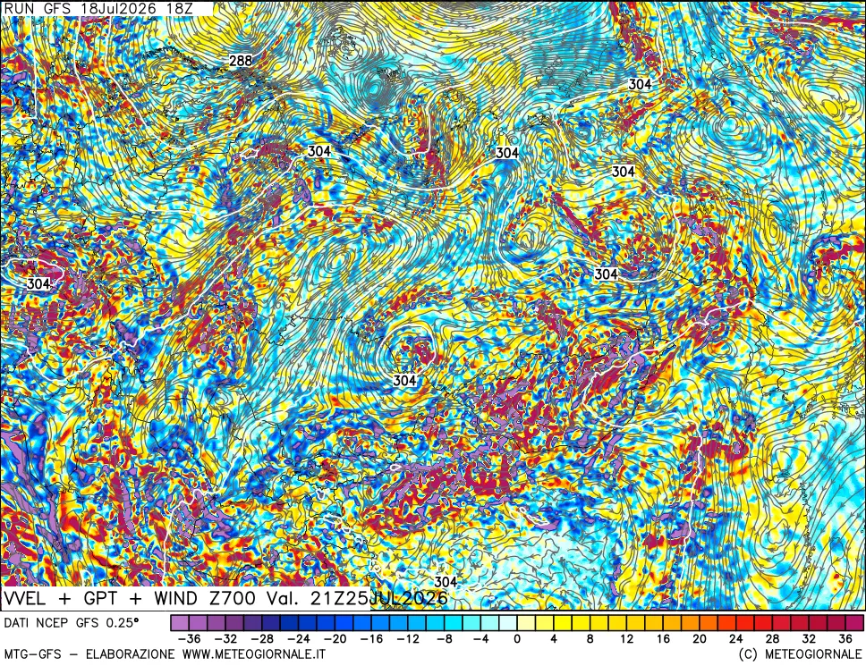 mappa 700 hPa Velocit&agrave; verticiali + GPT + Vento