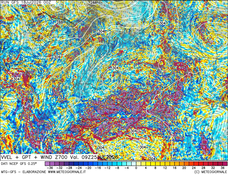 mappa 700 hPa Velocit&agrave; verticiali + GPT + Vento
