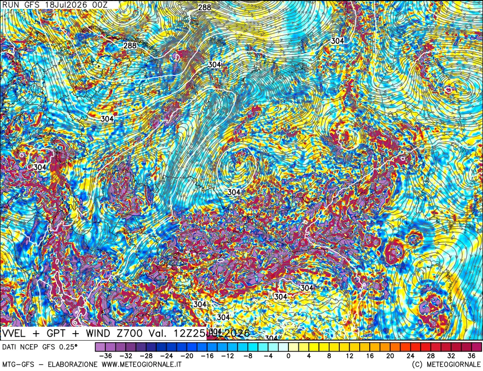 mappa 700 hPa Velocit&agrave; verticiali + GPT + Vento