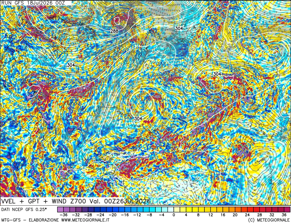 mappa 700 hPa Velocit&agrave; verticiali + GPT + Vento