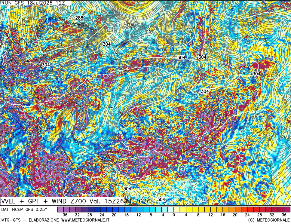 mappa 700 hPa Velocit&agrave; verticiali + GPT + Vento