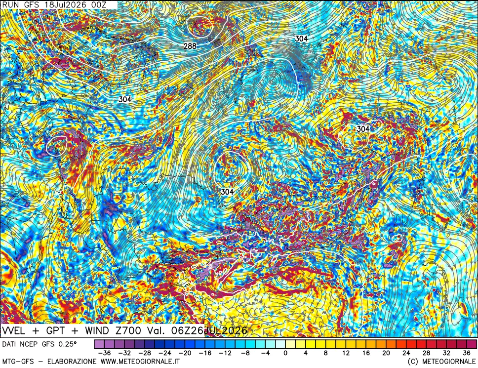 mappa 700 hPa Velocit&agrave; verticiali + GPT + Vento