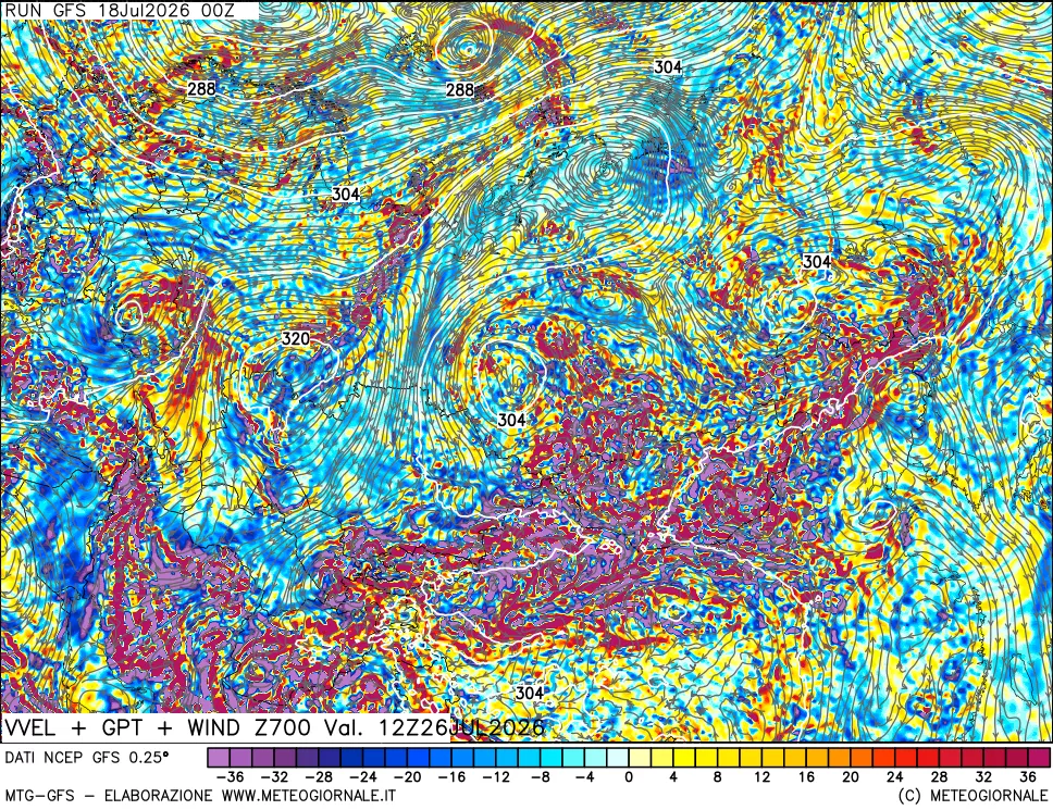mappa 700 hPa Velocit&agrave; verticiali + GPT + Vento