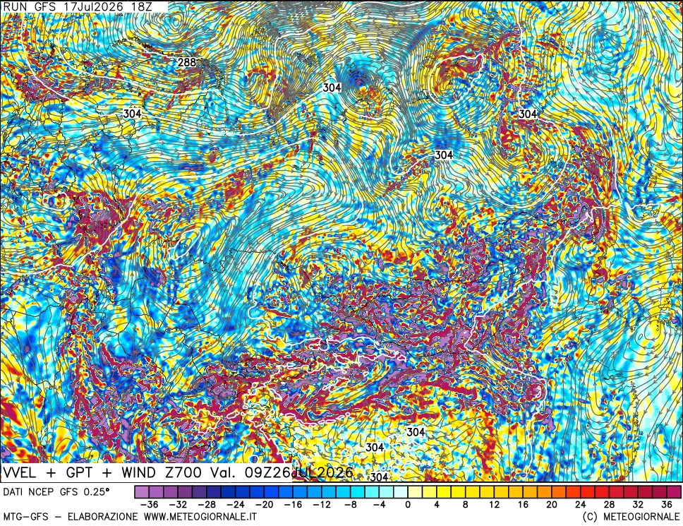 mappa 700 hPa Velocit&agrave; verticiali + GPT + Vento
