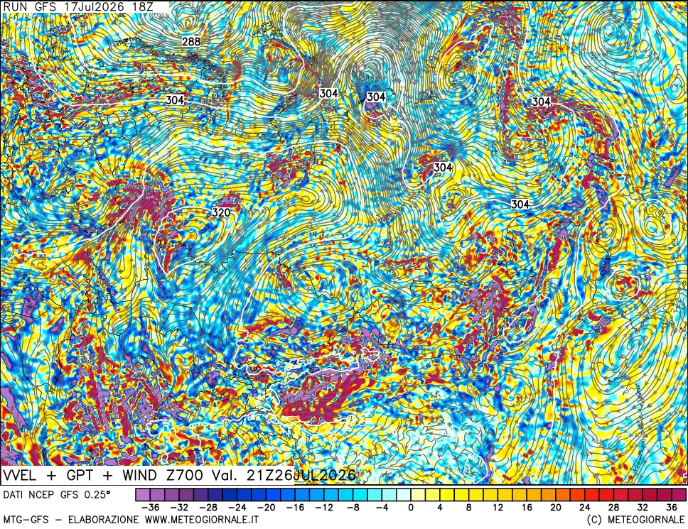 mappa 700 hPa Velocit&agrave; verticiali + GPT + Vento
