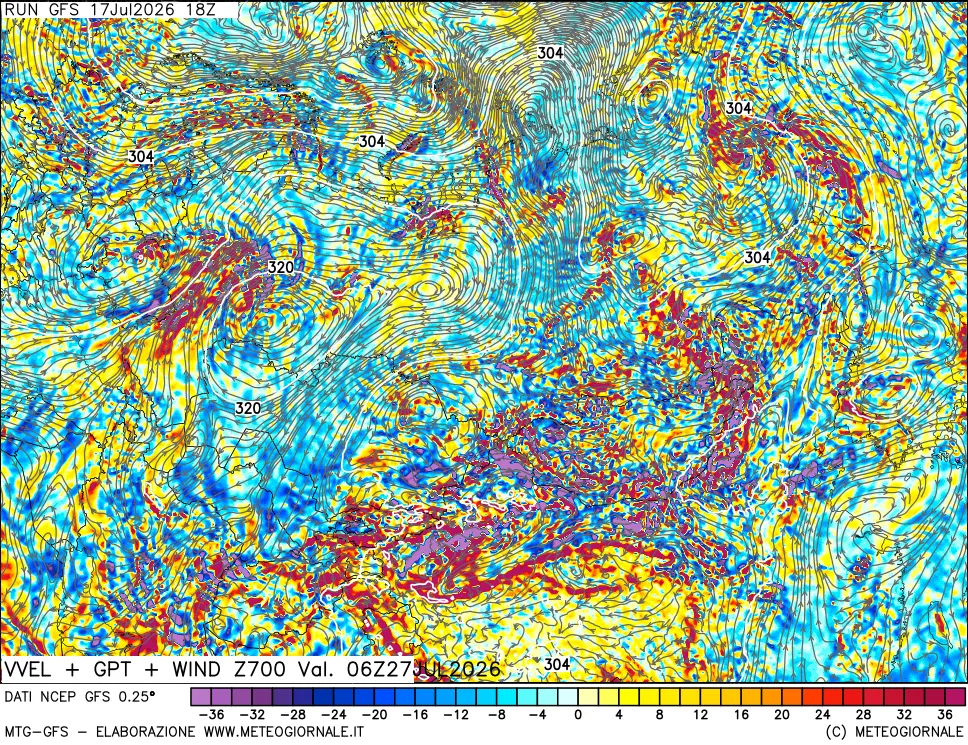 mappa 700 hPa Velocit&agrave; verticiali + GPT + Vento