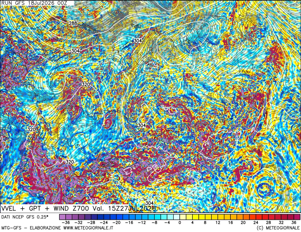 mappa 700 hPa Velocit&agrave; verticiali + GPT + Vento