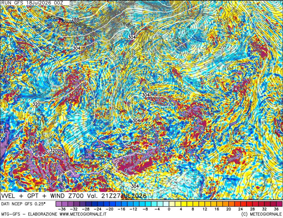 mappa 700 hPa Velocit&agrave; verticiali + GPT + Vento