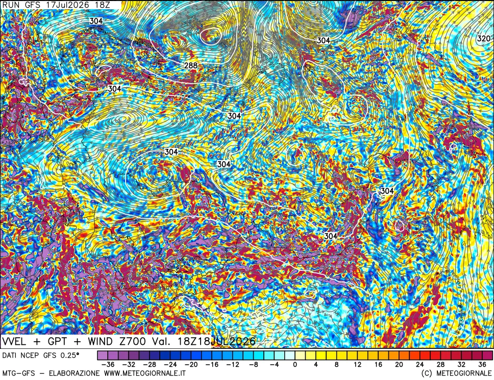 mappa 700 hPa Velocit&agrave; verticiali + GPT + Vento