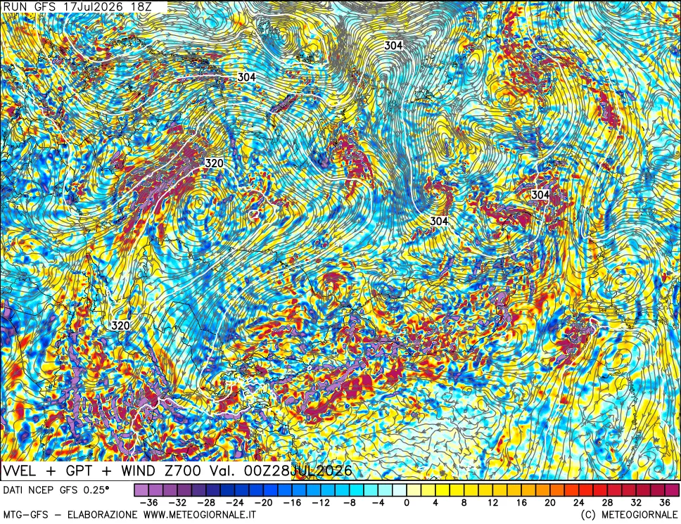 mappa 700 hPa Velocit&agrave; verticiali + GPT + Vento