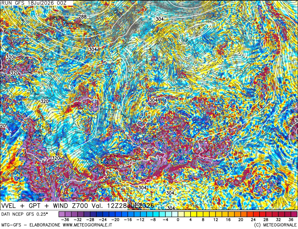 mappa 700 hPa Velocit&agrave; verticiali + GPT + Vento