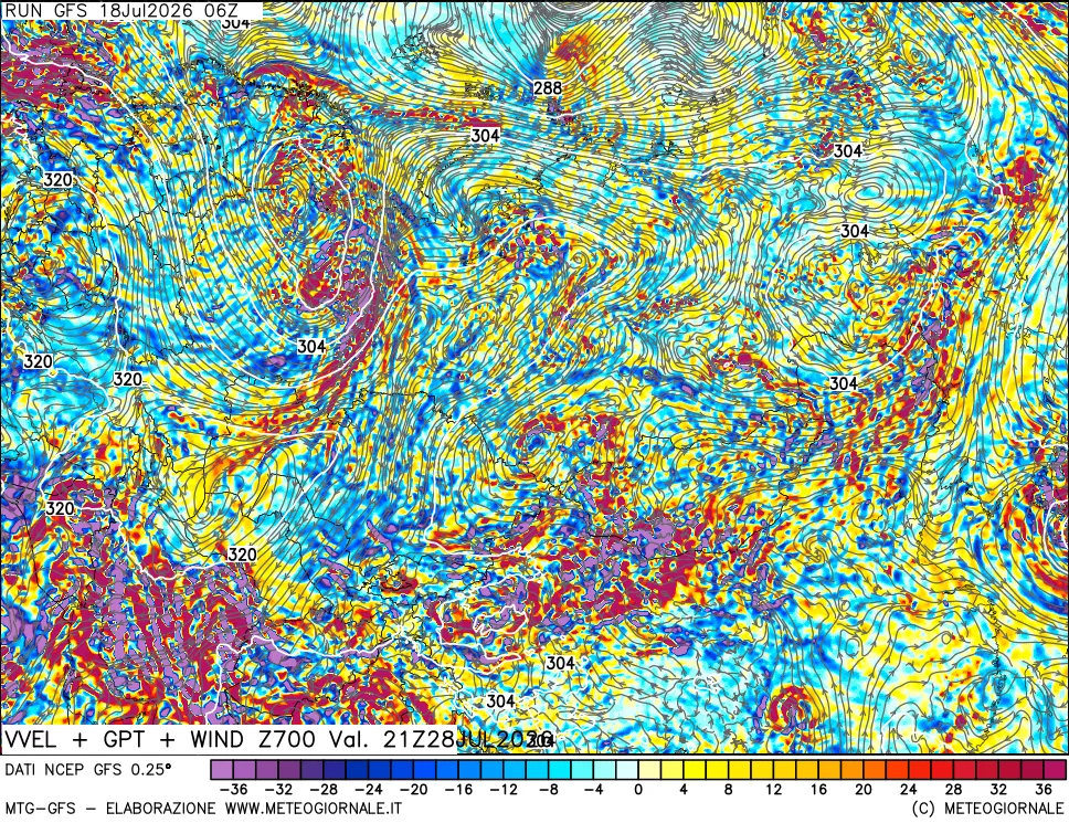 mappa 700 hPa Velocit&agrave; verticiali + GPT + Vento