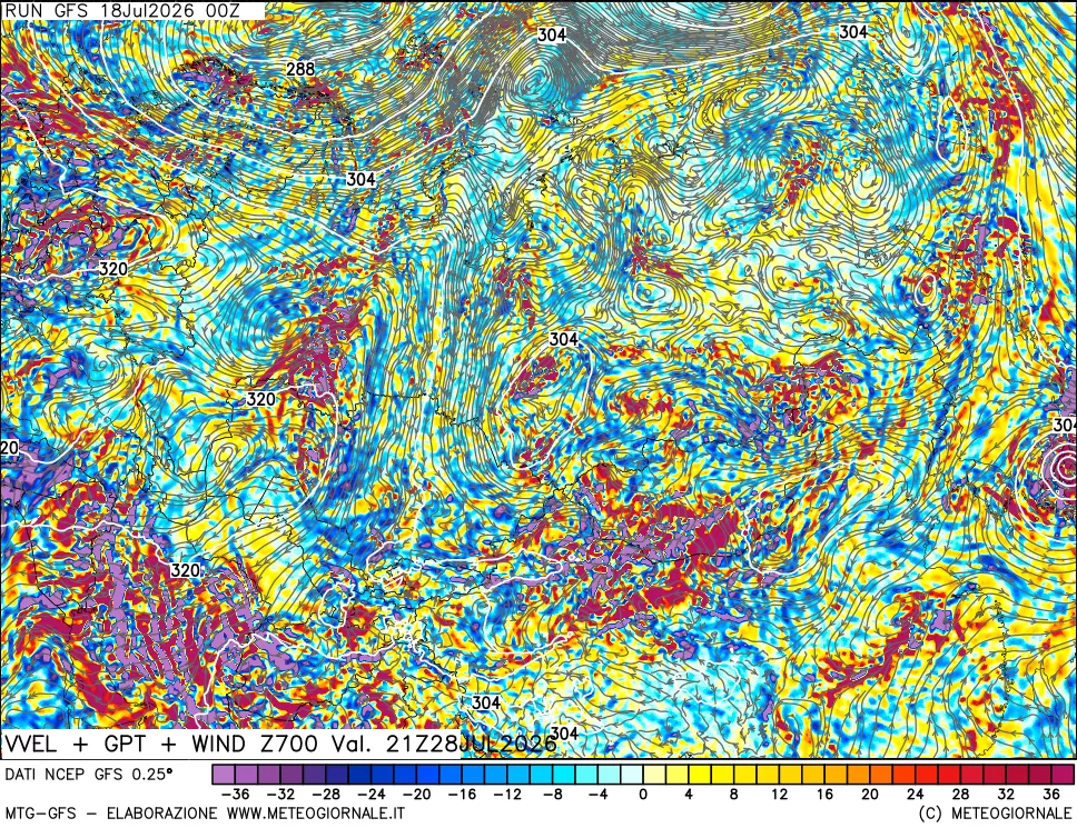 mappa 700 hPa Velocit&agrave; verticiali + GPT + Vento