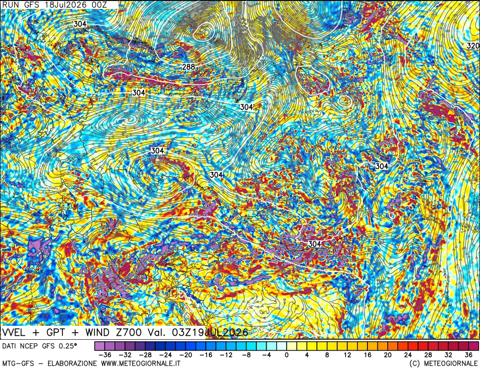 mappa 700 hPa Velocit&agrave; verticiali + GPT + Vento