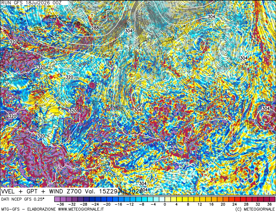 mappa 700 hPa Velocit&agrave; verticiali + GPT + Vento