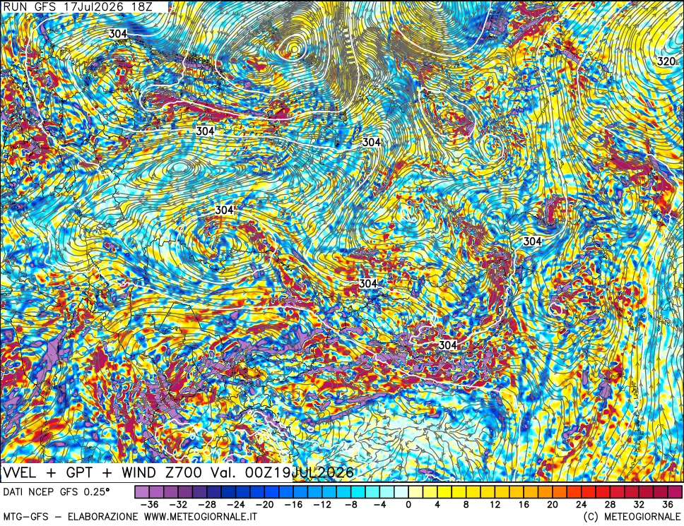 mappa 700 hPa Velocit&agrave; verticiali + GPT + Vento