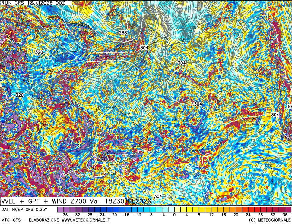 mappa 700 hPa Velocit&agrave; verticiali + GPT + Vento