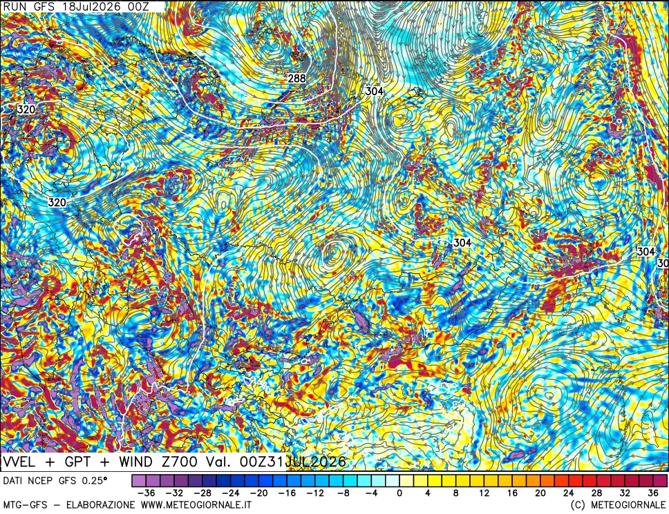 mappa 700 hPa Velocit&agrave; verticiali + GPT + Vento