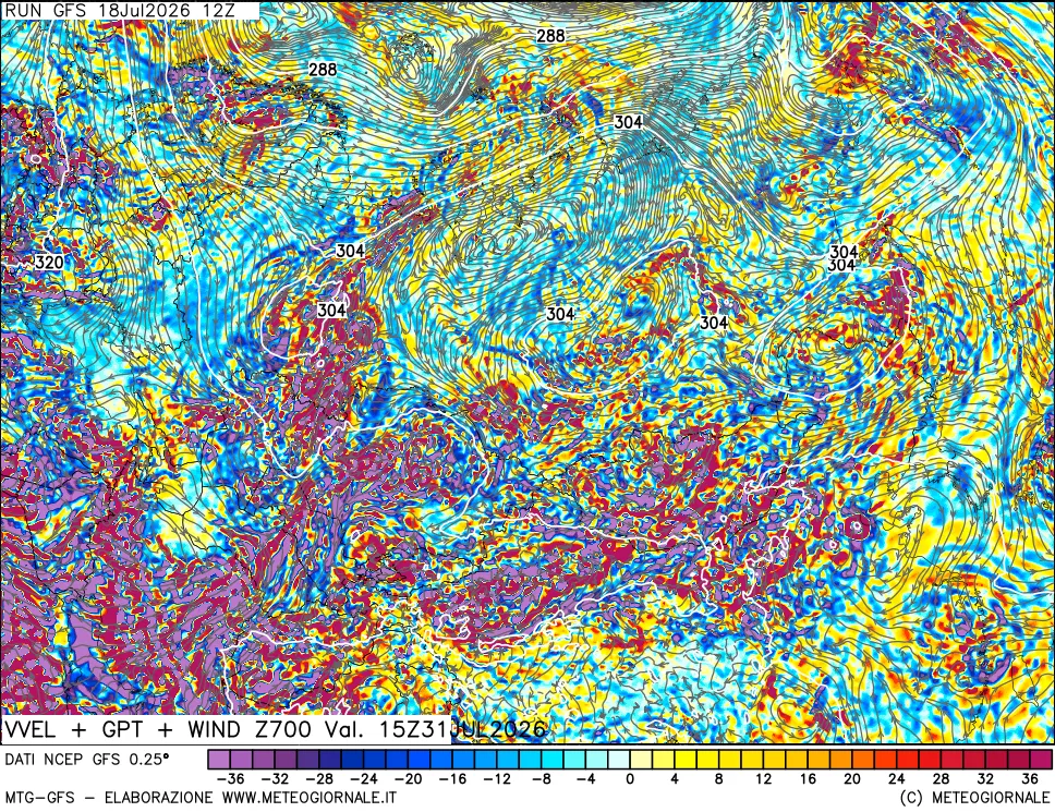 mappa 700 hPa Velocit&agrave; verticiali + GPT + Vento