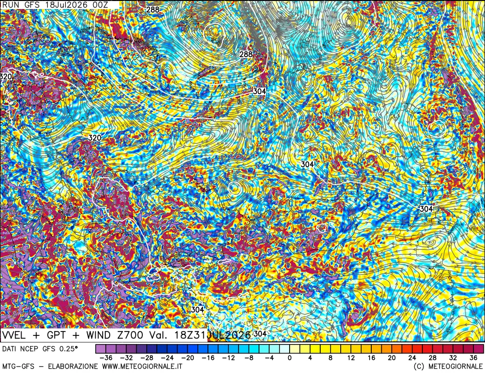 mappa 700 hPa Velocit&agrave; verticiali + GPT + Vento