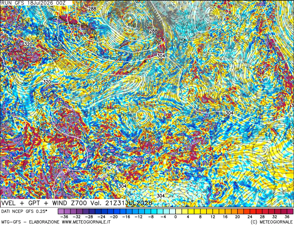 mappa 700 hPa Velocit&agrave; verticiali + GPT + Vento