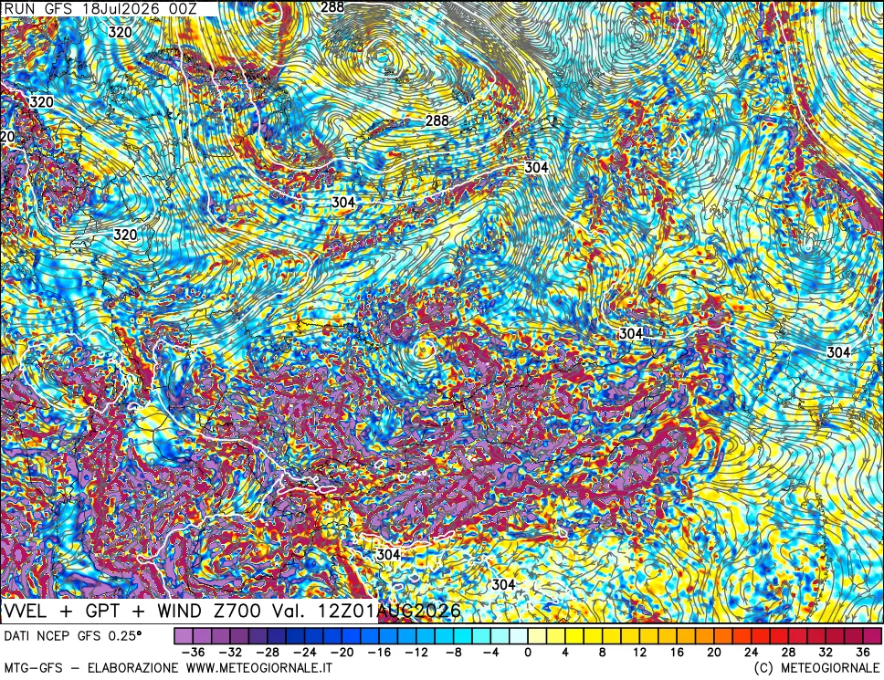 mappa 700 hPa Velocit&agrave; verticiali + GPT + Vento