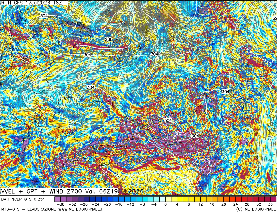 mappa 700 hPa Velocit&agrave; verticiali + GPT + Vento