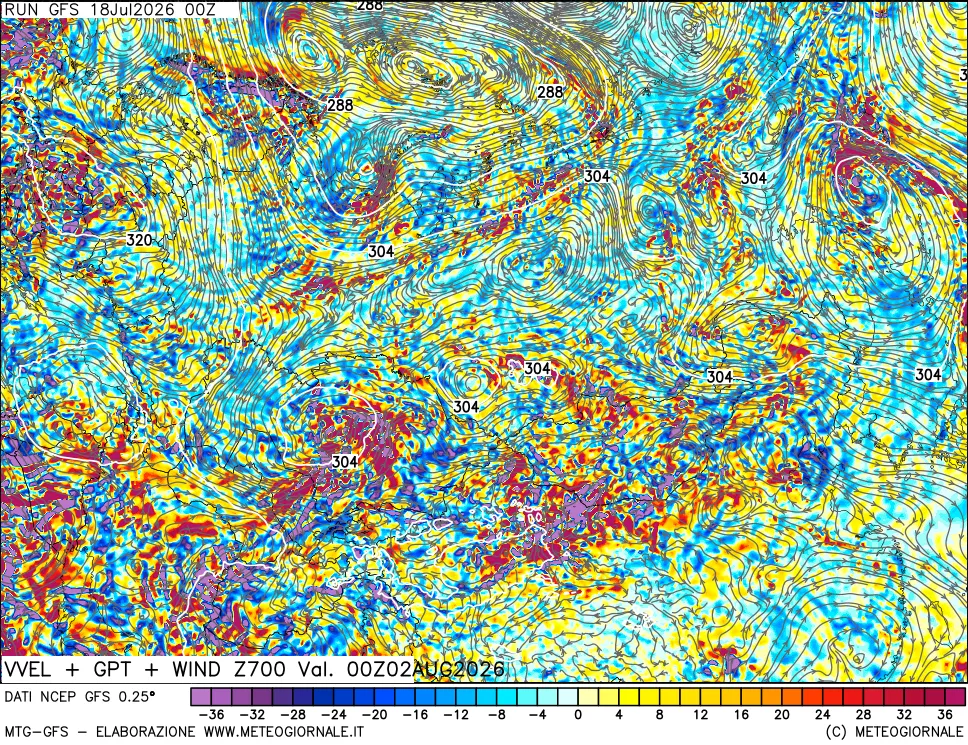 mappa 700 hPa Velocit&agrave; verticiali + GPT + Vento