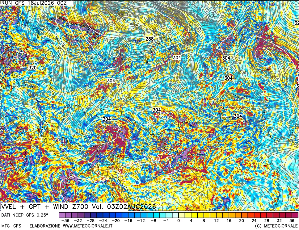 mappa 700 hPa Velocit&agrave; verticiali + GPT + Vento