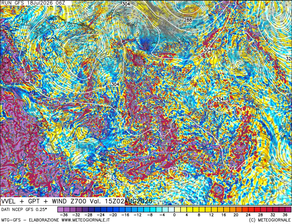 mappa 700 hPa Velocit&agrave; verticiali + GPT + Vento