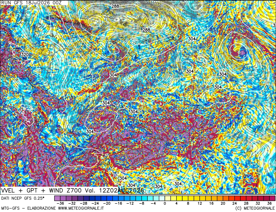 mappa 700 hPa Velocit&agrave; verticiali + GPT + Vento