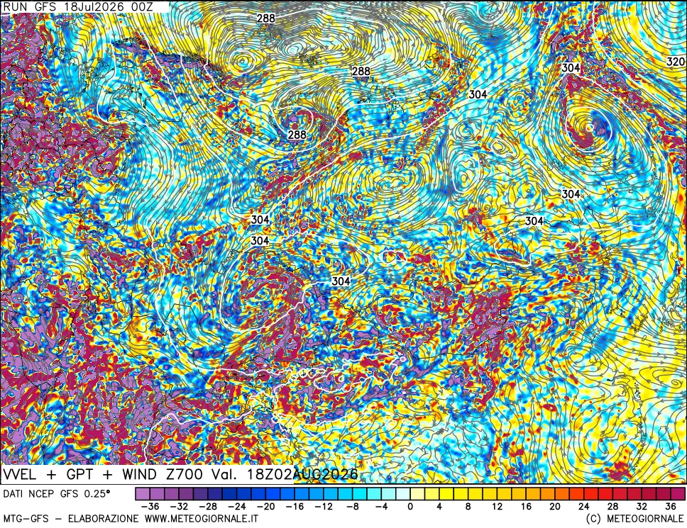 mappa 700 hPa Velocit&agrave; verticiali + GPT + Vento