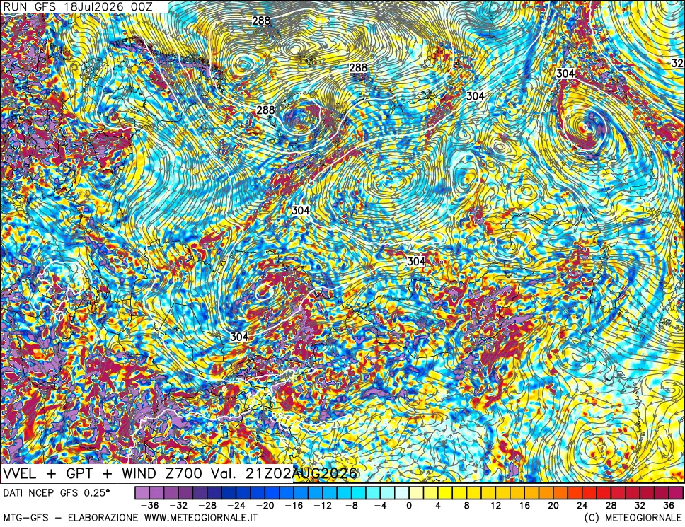 mappa 700 hPa Velocit&agrave; verticiali + GPT + Vento