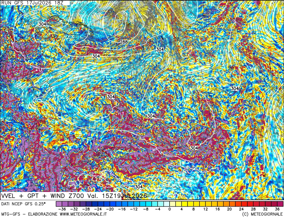 mappa 700 hPa Velocit&agrave; verticiali + GPT + Vento