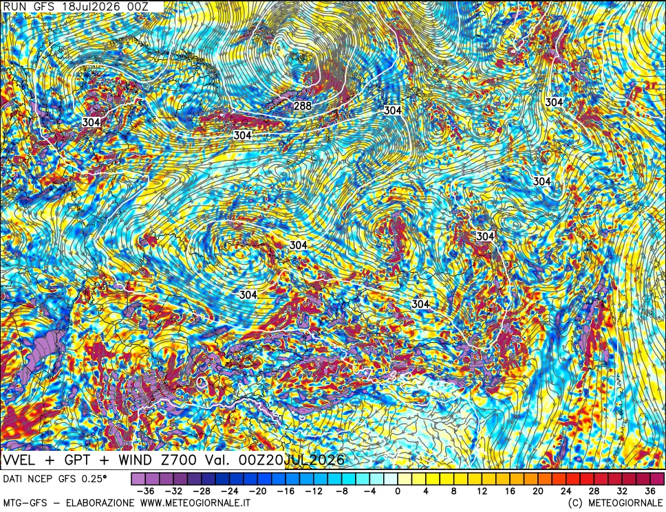 mappa 700 hPa Velocit&agrave; verticiali + GPT + Vento