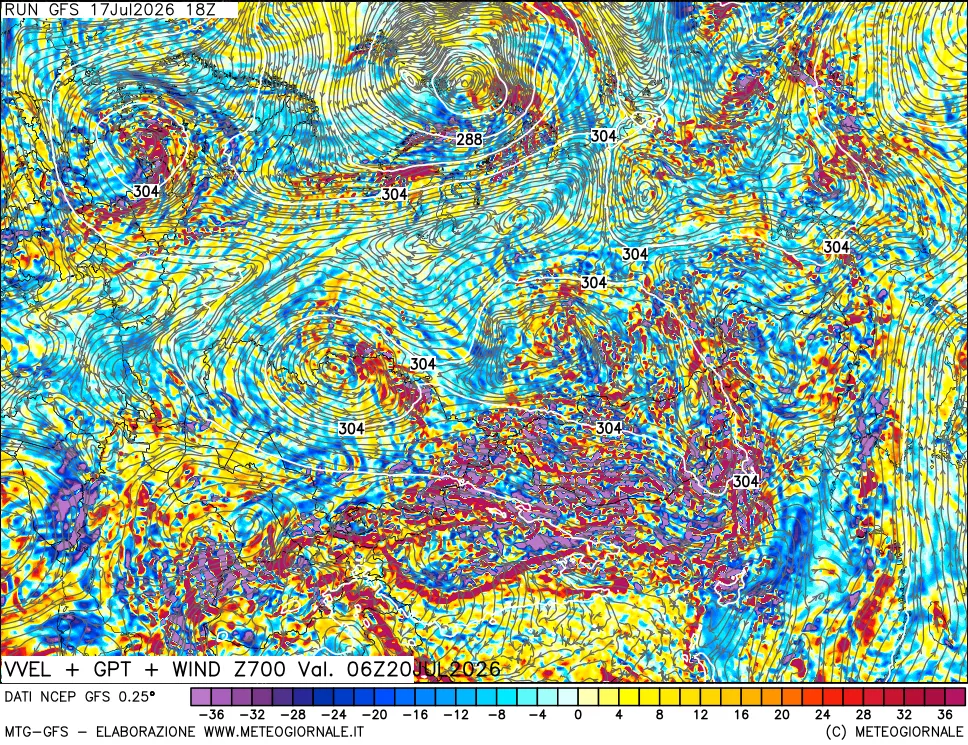 mappa 700 hPa Velocit&agrave; verticiali + GPT + Vento