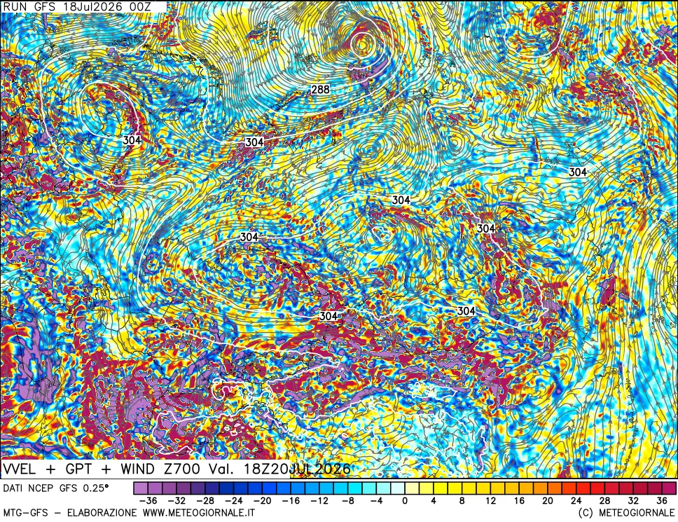 mappa 700 hPa Velocit&agrave; verticiali + GPT + Vento