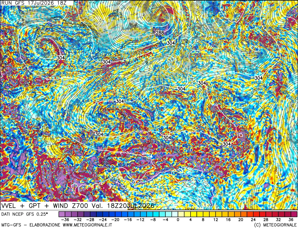 mappa 700 hPa Velocit&agrave; verticiali + GPT + Vento