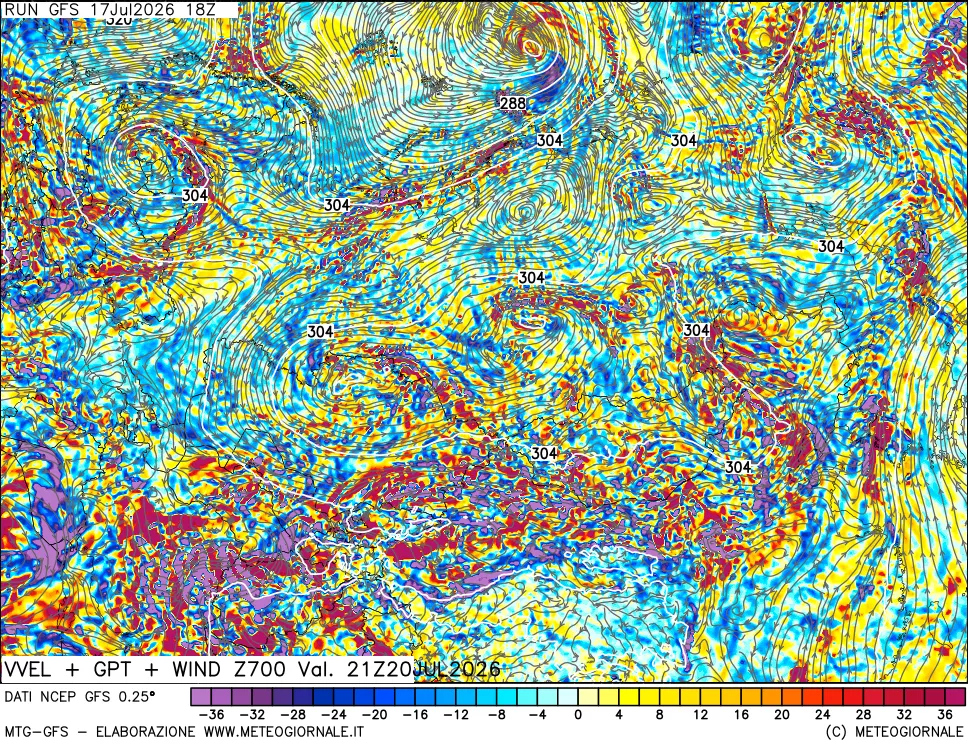 mappa 700 hPa Velocit&agrave; verticiali + GPT + Vento
