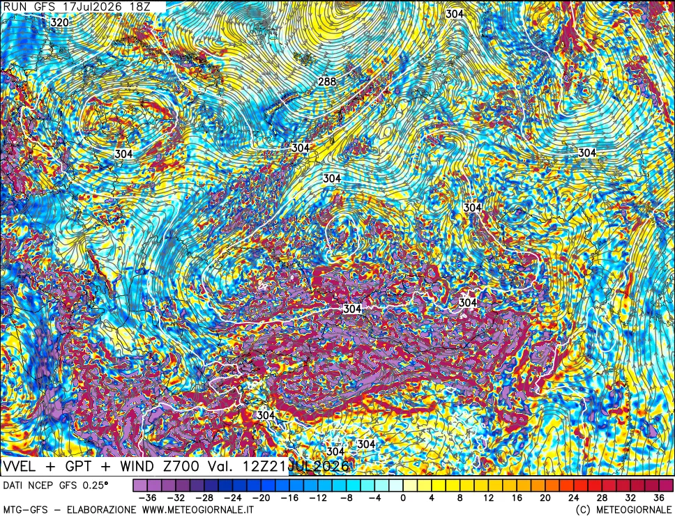 mappa 700 hPa Velocit&agrave; verticiali + GPT + Vento