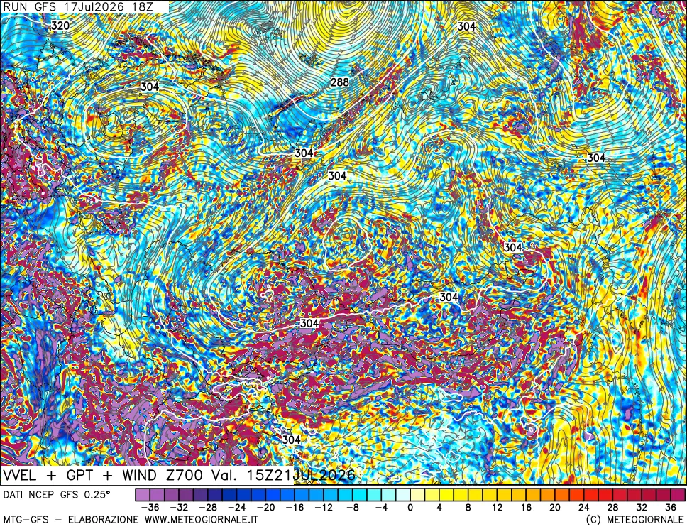 mappa 700 hPa Velocit&agrave; verticiali + GPT + Vento