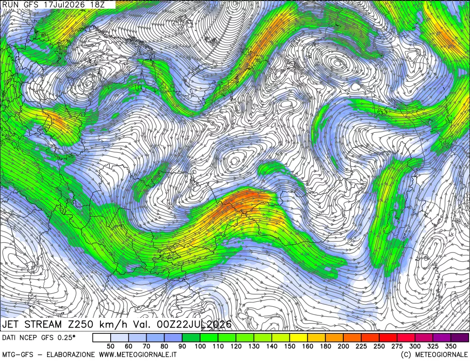 mappa 250 hPa Jet stream