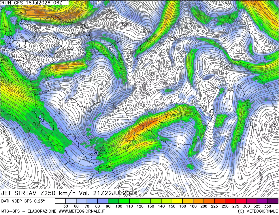 mappa 250 hPa Jet stream
