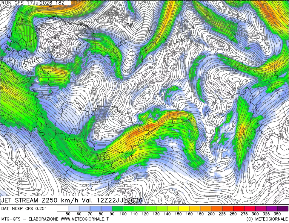 mappa 250 hPa Jet stream