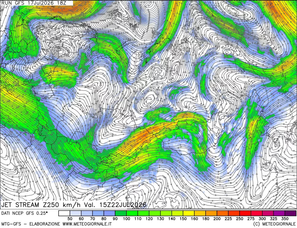 mappa 250 hPa Jet stream