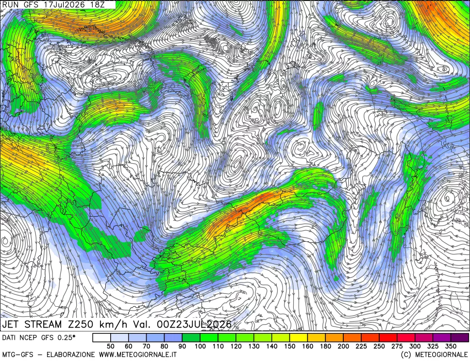 mappa 250 hPa Jet stream
